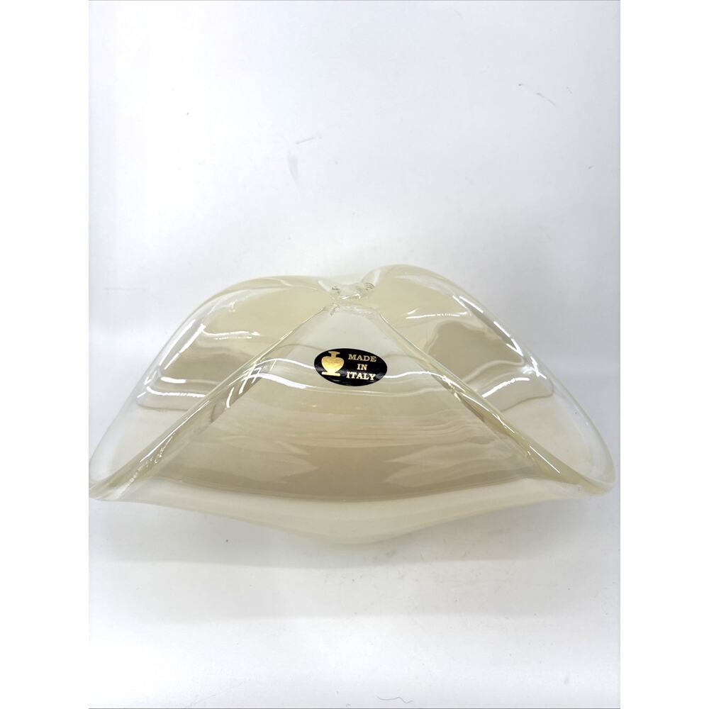 MURANO Art Glass White Ivory Iridescent Crest Edge Folded Bowl Bouquet‎